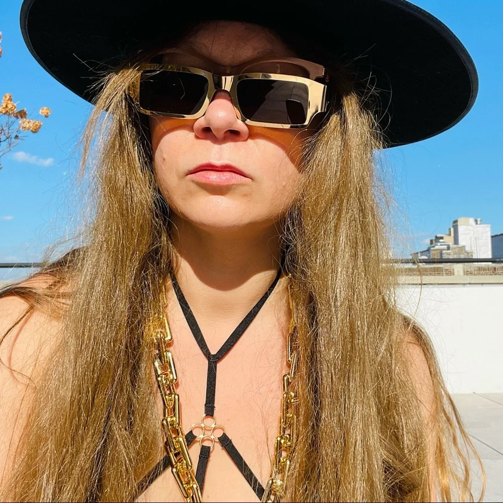 Gold Steampunk Square Rectangle Genderless Vintage Design Metal Frame Sunglasses